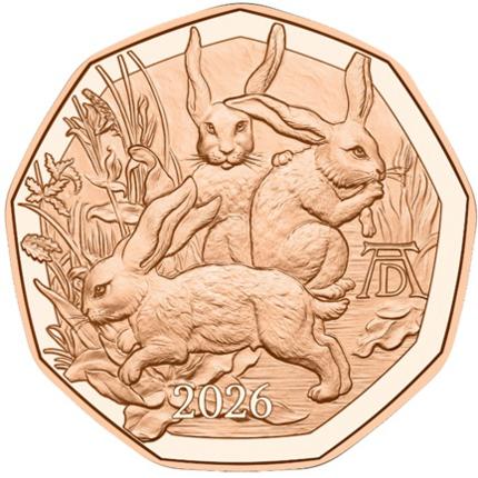 Produktabbildung 5 Euro, NP, 2026, Kupfer, Dürers Hasentrio - Ostermünze
