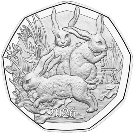 Produktbild 5 Euro, stfr, 2026, Silber, Dürers Hasentrio - Ostermünze