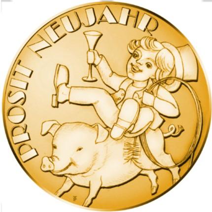 Produktabbildung Glücksjeton, Bronze vergoldet, Rauchfangkehrer